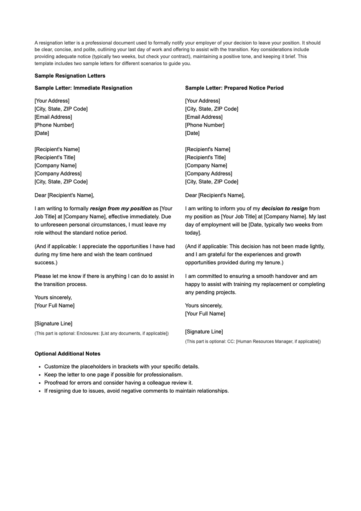 Professional resignation letter templates with sample formats for immediate and notice period_variant_2